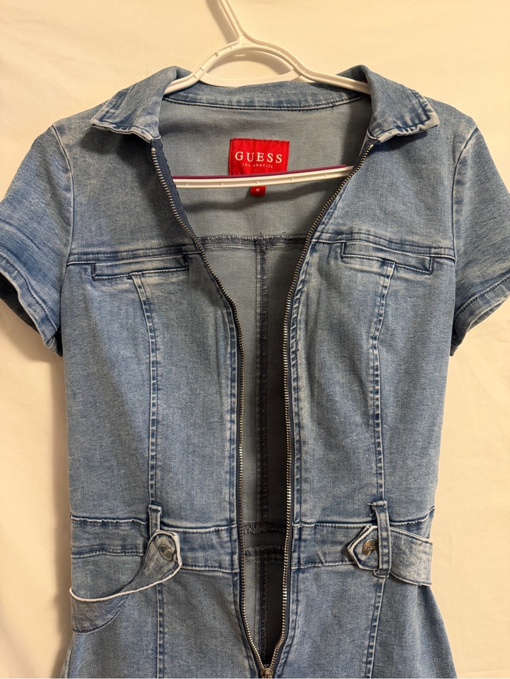 GUESS Light Blue Denim Short Overalls Romper with Front Zip - Picture 3 of 5